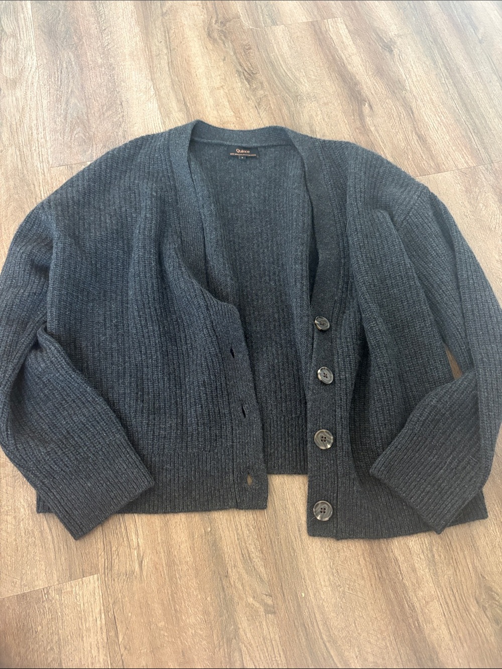 Quince Cashmere Charcoal Ribbed Button-Front Women’s Cardigan